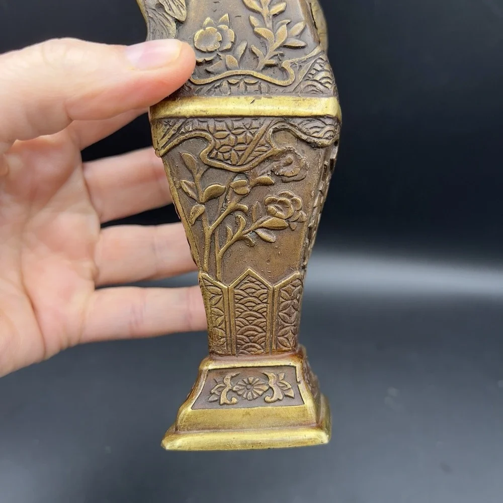 Vintage Chinese Brass Carving Vase Flowers Iris Morning Glory 6